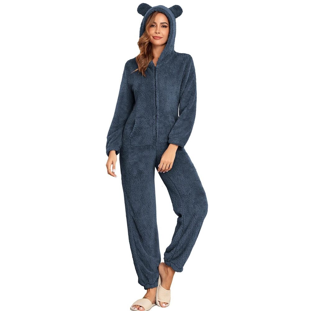 6948 Fleece Onesie Pajamas Fuzzy Sherpa Hooded Romper One Piece Winter